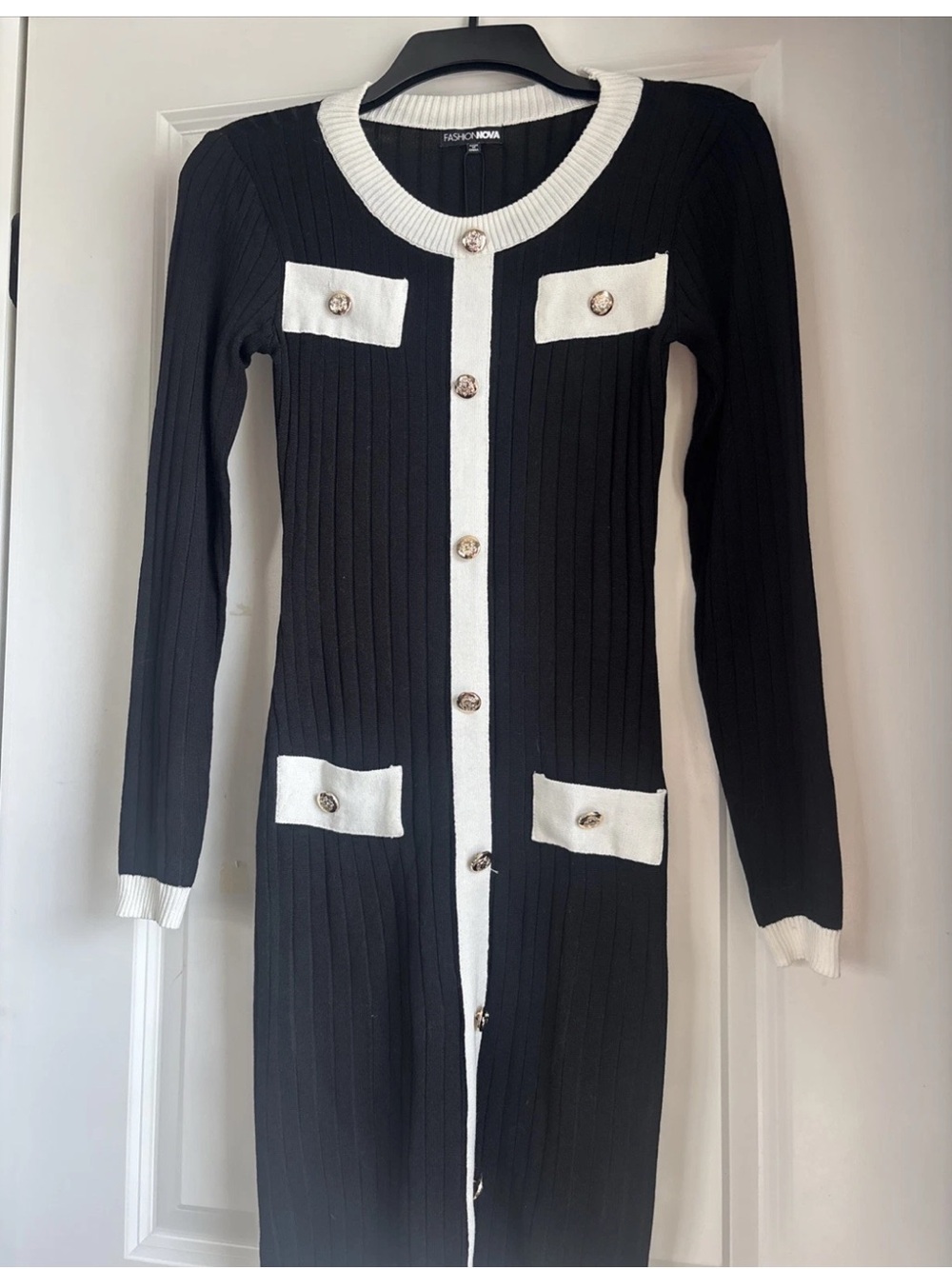 Classy Black Ribbed Knit Cardigan Dress with White Trim